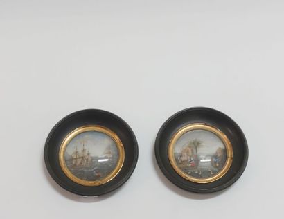 null Paire de dioramas :

" Marine " & " Paysage au palmier ".

Début du XIXe siècle.

(Un...