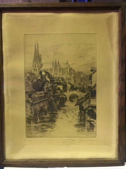 null Rouen, La Grosse Horloge ; Chartres, Vue sur l'Eure.

Paire de gravures, signées...
