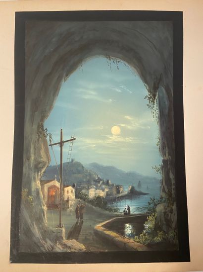  École napolitaine du XIXe siècle. 
Grotta Azzurra ; Vue d'une baie. 
Deux gouaches...