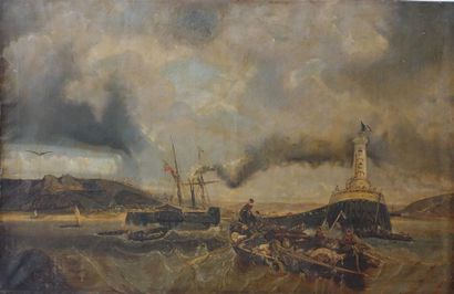 null After Eugene ISABEY (1803-1886).

View of the Port of Boulogne.

Oil on canvas.

(Tear...