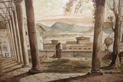 null Frans VERVLOET (1795-1872) 

Monks in a cloister 

Watercolour, signed lower...