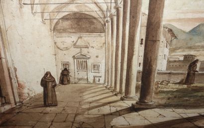 null Frans VERVLOET (1795-1872) 

Moines dans un cloître 

Aquarelle, signée en bas...