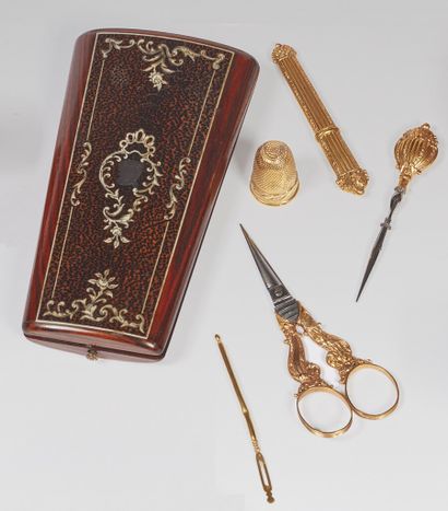 Gold and metal sewing set, inlaid wood case...