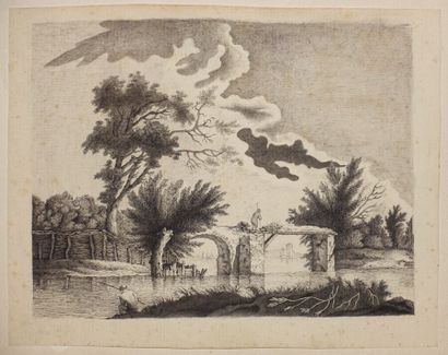 null Lot of seven engravings and drawings, including : 

- Small landscape with low...