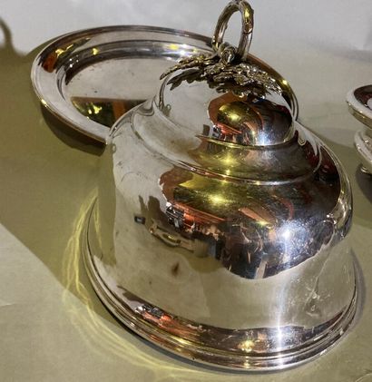 null Stove, tray and bell in silver plated metal, the grip decorated with stylized...