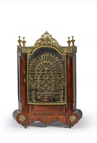 null Clock case transformed into a display case, made of violet wood and brass; the...