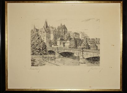 null Lot of seven engravings and drawings, including : 

- Small landscape with low...