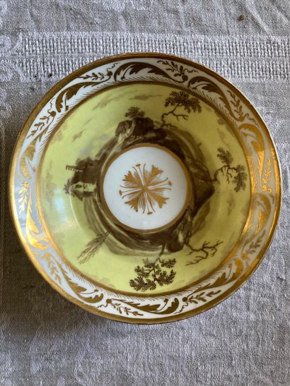 null Saucer with yellow background and gilded wing decorated with a landscape 

INCLUDING...