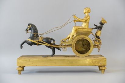 null Pendule au char figurant une allégorie de la Louisiane en bronze doré et patiné,...