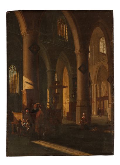 null Suiveur d'Emmanuel de WITTE, circa 1800

Intérieur d'église animé

Panneau filassé,...