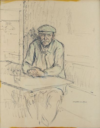  Jacques ADLER (1865-1952) 
Homme assis au café 
Fusain et rehauts de pastel sur...