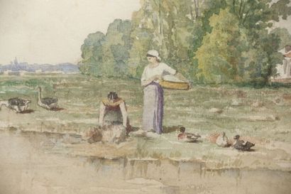  Paul-Frédéric-Léo COULON (1830-1897) 
Lavandières, oies et canards au bord de la...