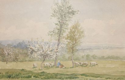  Paul-Frédéric-Léo COULON (1830-1897) 
Bergère et son troupeau au pied d'un arbre...