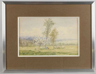  Paul-Frédéric-Léo COULON (1830-1897) 
Bergère et son troupeau au pied d'un arbre...