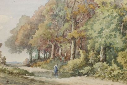  Paul-Frédéric-Léo COULON (1830-1897) 
Paysanne sur le chemin à l'orée du bois 
Aquarelle,...