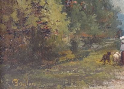  Paul-Frédéric-Léo COULON (1830-1897) 
Bergère et son troupeau 
Huile sur toile marouflée...