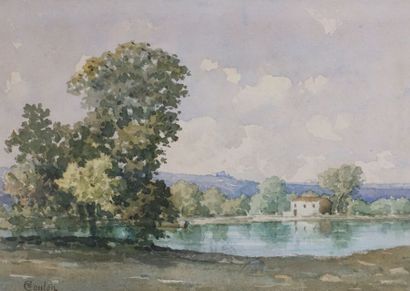  Paul-Frédéric-Léo COULON (1830-1897) 
La maison du lac 
Aquarelle, signée en bas...