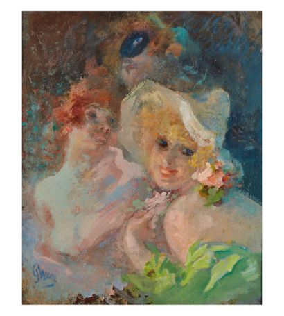  Jules CHÉRET (1836-1932) 
Trois femmes, l'une au chapeau tenant des fleurs 
Huile...