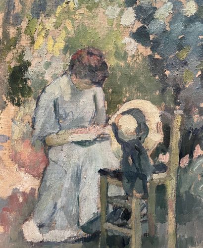  Henri OTTMANN (1877-1927) 
Femme lisant dans un parc 
Huile sur toile à fond perdu,...