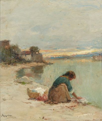  Adolphe APPIAN (1818-1898) 
Une laveuse aux bords du Rhône 
Huile sur toile, signée...