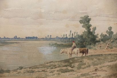  Paul-Frédéric-Léo COULON (1830-1897) 
Bords de fleuve animés en Italie 
Aquarelle...