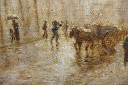  Louis CARRAND (1821-1899) 
Lyon, quais Claude Bernard sous la pluie 
Huile sur toile...