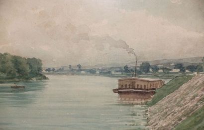  Attribué à Paul-Frédéric-Léo COULON (1830-1897) 
Le bateau à roue italien 
Aquarelle...