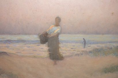  Alphonse OSBERT (1857-1939) 
Pêcheuse à pied sur la grève 
Huile sur carton, cachet...