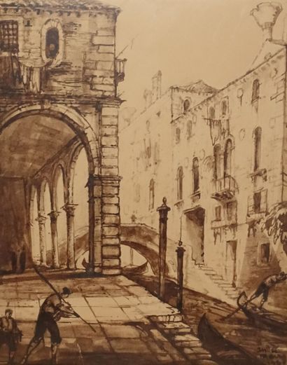  André MAIRE (1898-1984) 
Canal à Venise 
Deux dessins au lavis, signés, l'un en...
