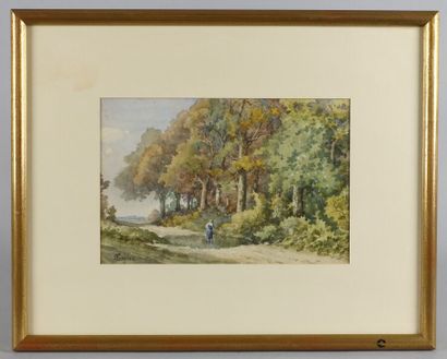  Paul-Frédéric-Léo COULON (1830-1897) 
Paysanne sur le chemin à l'orée du bois 
Aquarelle,...