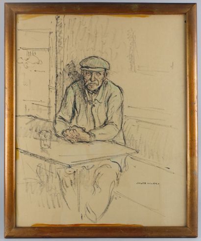  Jacques ADLER (1865-1952) 
Homme assis au café 
Fusain et rehauts de pastel sur...