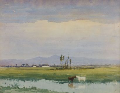  Paul-Frédéric-Léo COULON (1830-1897) 
Chevaux au bord de la rivière 
Aquarelle 
Haut....
