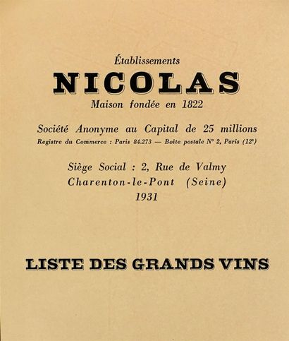 null Établissements NICOLAS.

Six listes des grands vins fins, années 1931, 1932,...