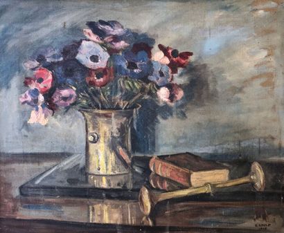 null R. AOULP

Still life with a vase of flowers on an entablature

Oil on canvas,...