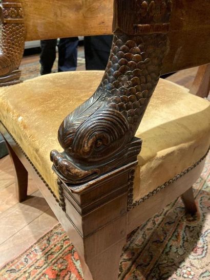 null Gondola back desk armchair in natural wood, moulded and carved, dolphin armrests,...