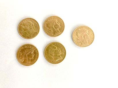 null Five coins of 20 francs gold :

- Switzerland 1947

- France cock, 1912 (x2)

-...
