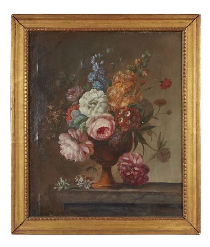 null École française du XIXe siècle

Vases de fleurs sur des entablements

Deux toiles

(Accidents...