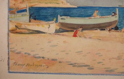 null Tony MINARTZ (1870-1944)

Baigneurs, colline et barques

Aquarelle, signée en...