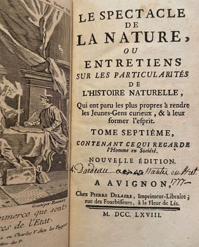null Spectacle de la Nature

Huit tomes, 1768

(Reliures accidentées.)