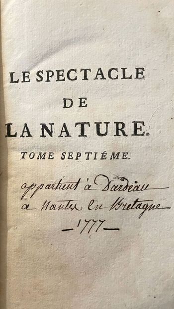 null Spectacle de la Nature

Huit tomes, 1768

(Reliures accidentées.)