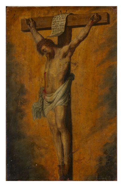  École du XVIIe siècle 
Crucifixion 
Toile 
(Petits accidents.) 
Haut. : 66 cm ;...