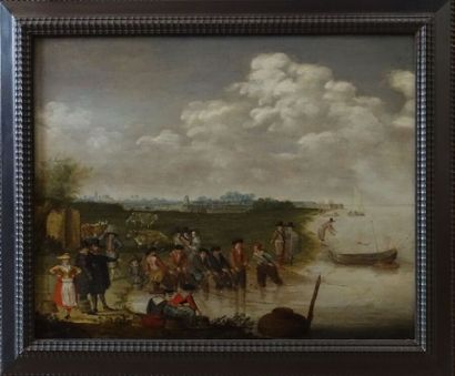  Barent AVERCAMP (1612/13-1679) 
Pêcheurs relevant leurs filets 
Panneau de chêne,...