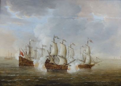  Dans le goût de Willem van de VELDE 
Bataille navale 
Panneau, non parqueté 
Porte...