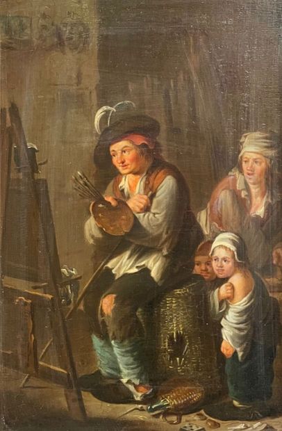  D'après Andries BOOTH (1611/12-1641) 
Peintre et sa famille 
Panneau 
(Craquelures.)...