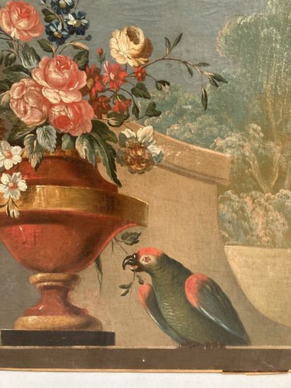 null École française vers 1800

Vase de fleurs et perroquet sur un entablement

Dessus...