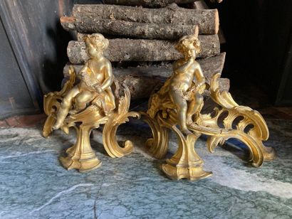 null Pair of ormolu andirons decorated with children-Bacchus on rocaille terraces;...