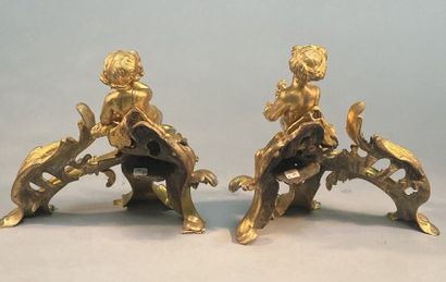 null Paire de chenets en bronze doré à décor d'enfants-Bacchus sur des terrasses...