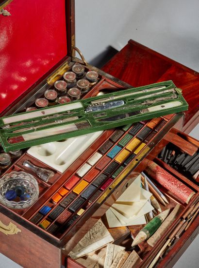 null Mahogany watercolorist's case containing a multitude of compartments with silver...