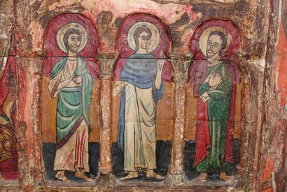 null Panneau en bois peint sculpté figurant les Douze apôtres entourant Jésus-Christ...