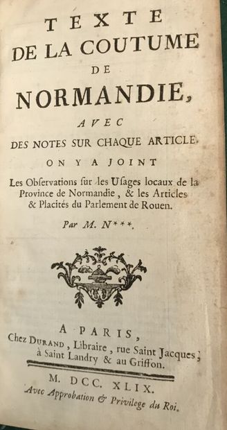 null Texte de la coutume de Normandie 

Paris, 1749, chez Durand

Un petit volume,...